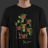 A person wearing a black t-shirt with a design of carnivorous plants on the front, each plant on a stacked brown shelf